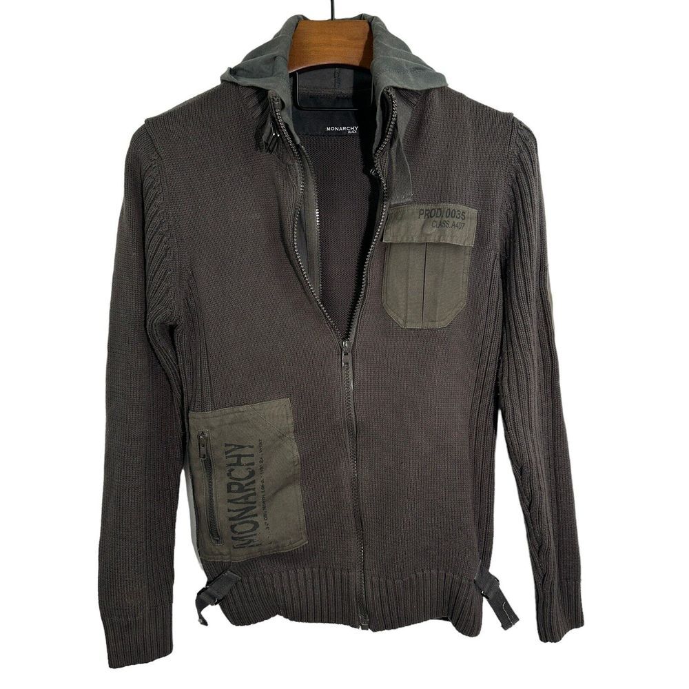 Monarchy Black Men's Green Military Style Full Zip Hooded Sweater Size‎ Large